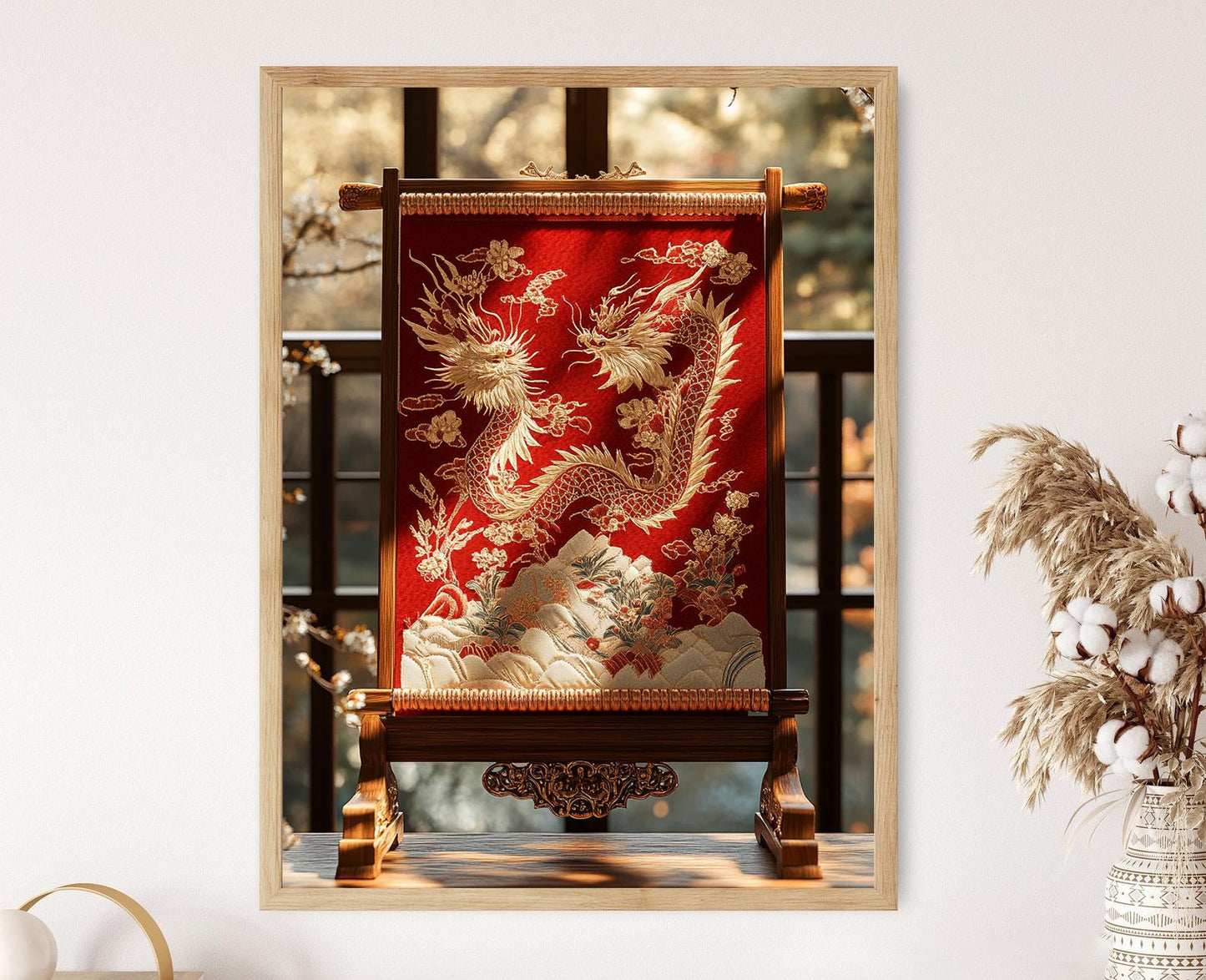 Affiche Art en Soie Chinoise – Poster Dragon et Phénix Traditionnel
