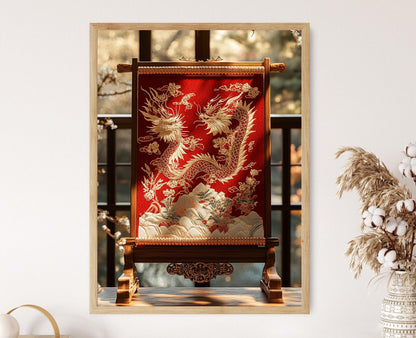 Affiche Art en Soie Chinoise – Poster Dragon et Phénix Traditionnel