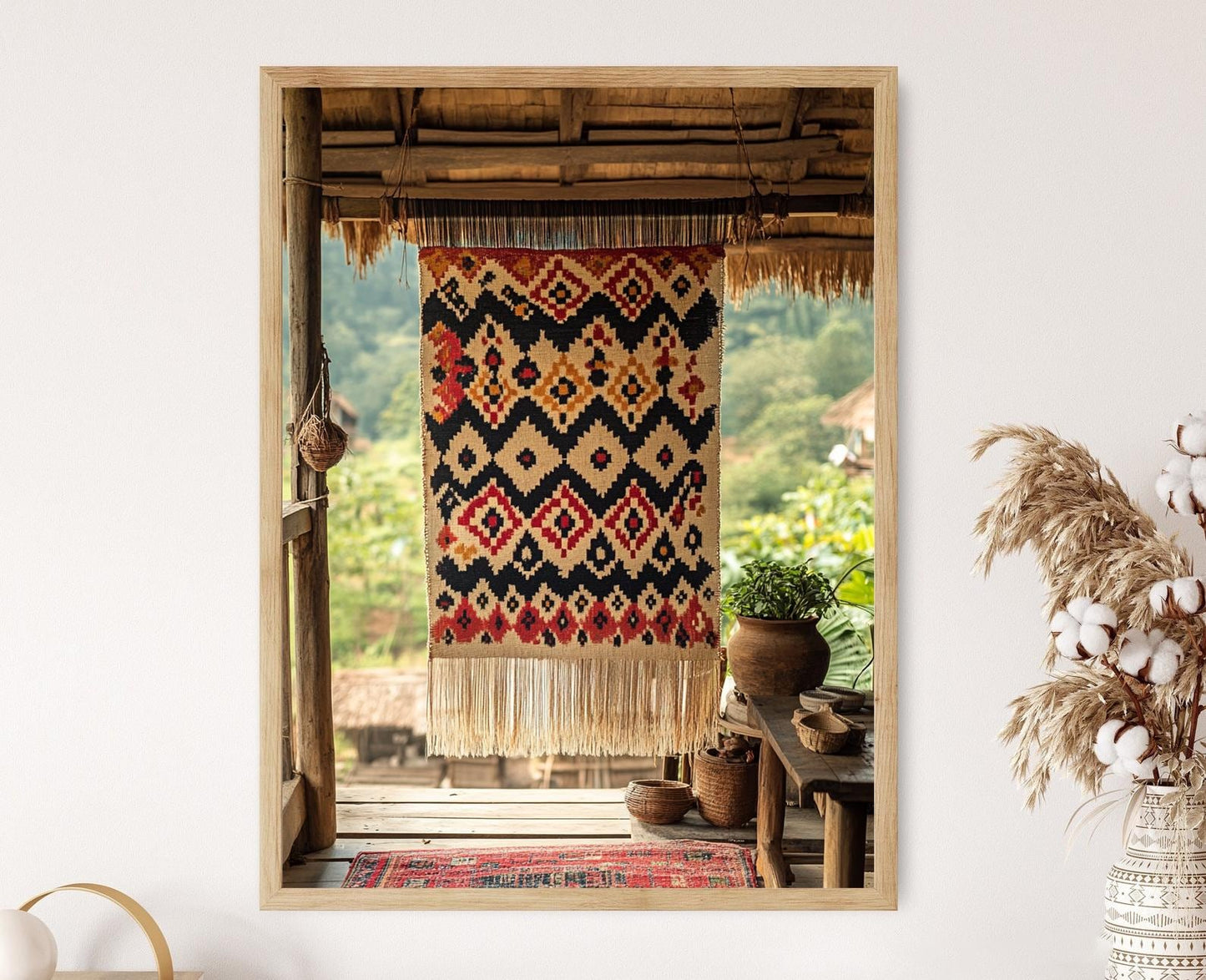 Affiche Art Textile Ikat Indonésien – Poster Géométrique Diamant Tissé à la Main