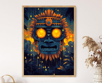 Affiche Tlaloc – Poster Détail du Dieu Aztèque sous un Ciel Étoilé