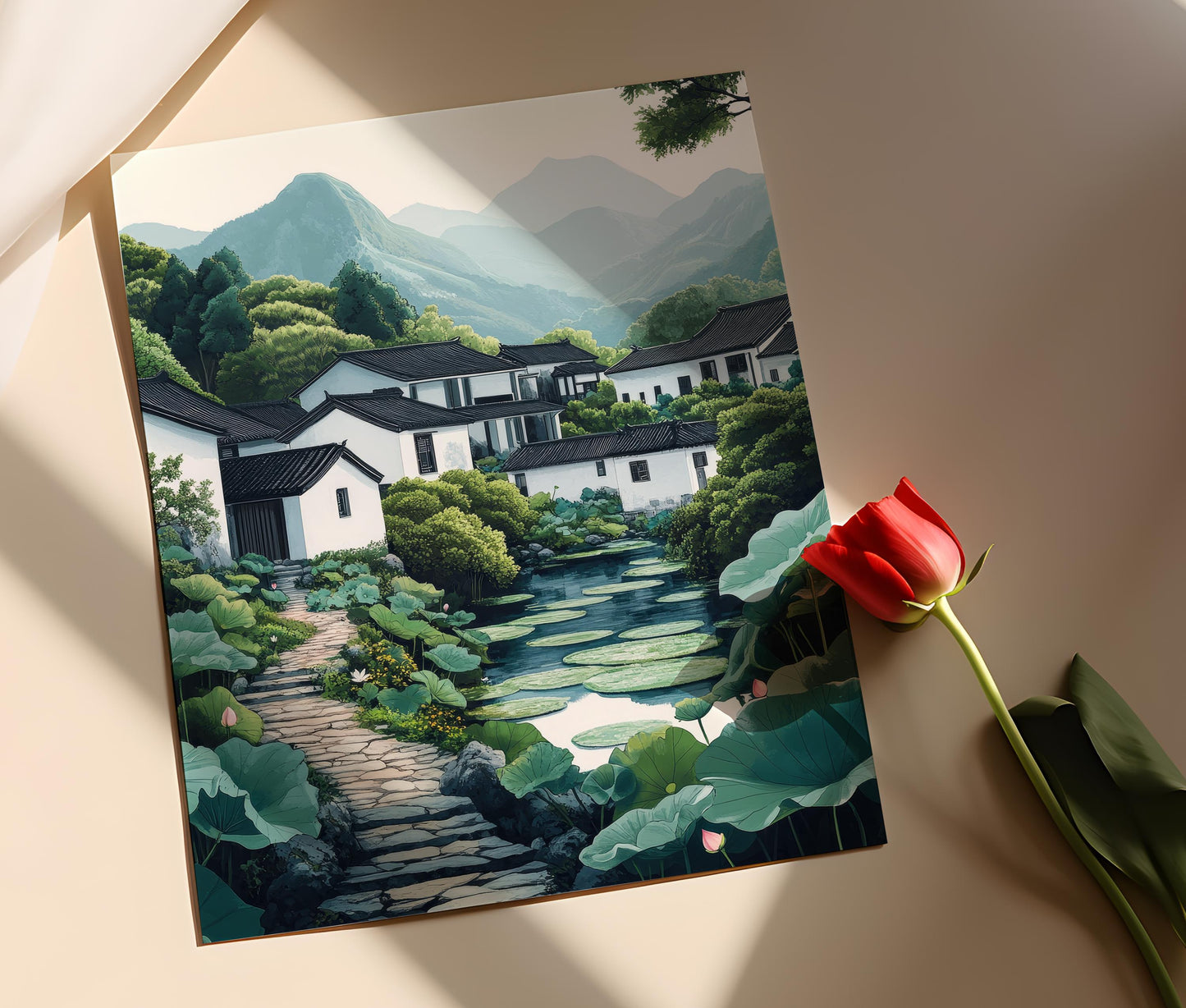 Affiche Anhui Village – Poster Illustration Décor Étang de Lotus