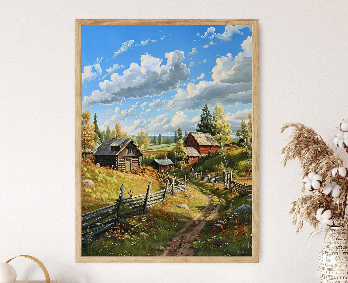 Affiche Village Finnois Charmant – Poster Peinture Maisons Traditionnelles