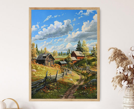 Affiche Village Finnois Charmant – Poster Peinture Maisons Traditionnelles