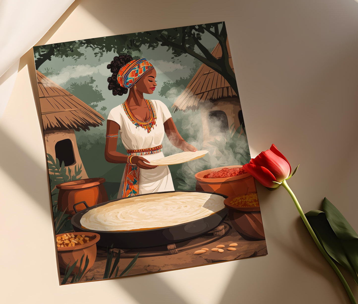 Affiche Femme Éthiopienne Cuisinant Injera – Art Traditionnel Africain