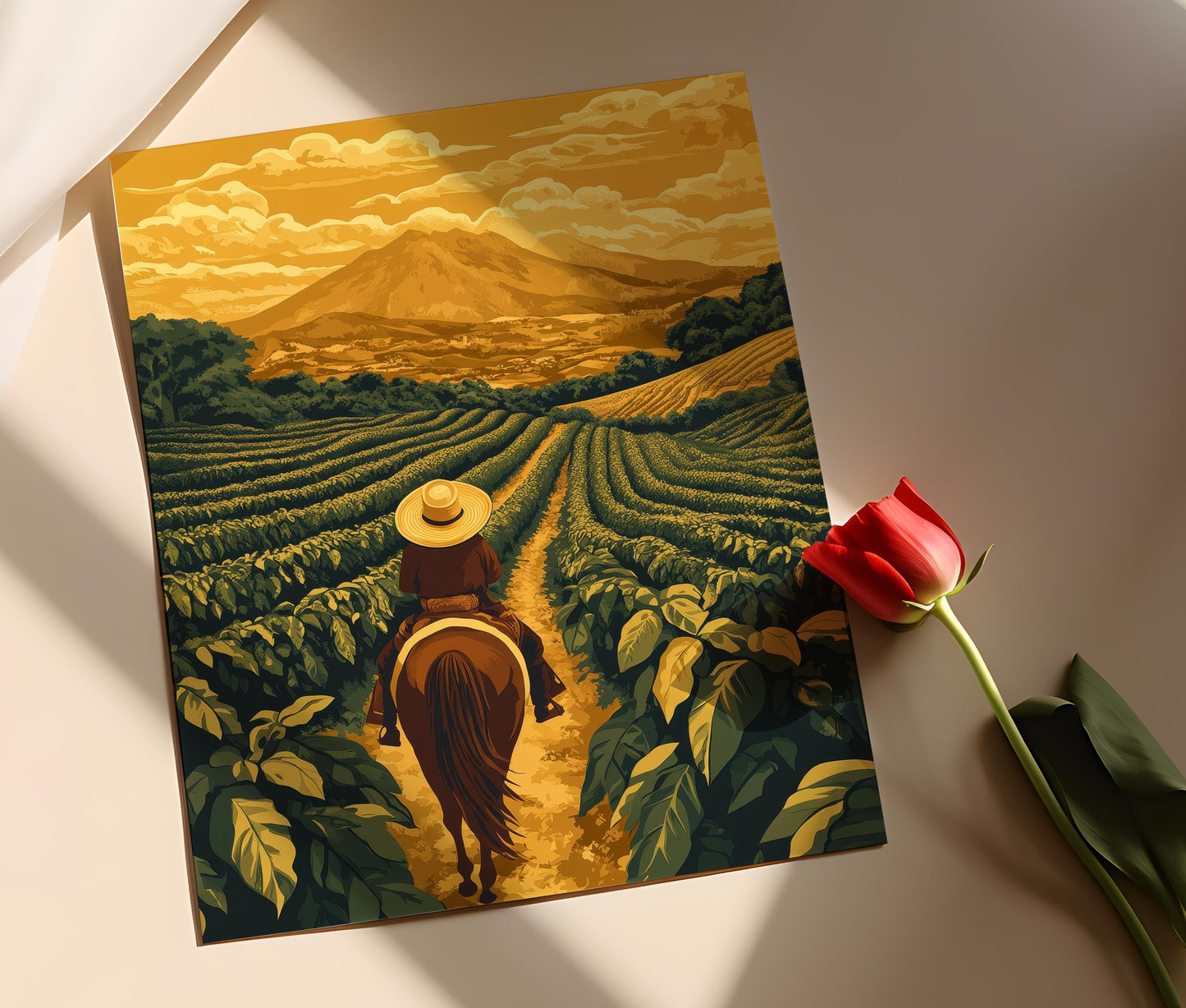 Affiche Fermier Colombien à Cheval – Art de Café en Plantation Rurale