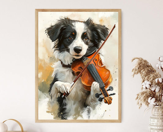 Affiche Border Collie Jouant du Violon – Poster Humour Canin