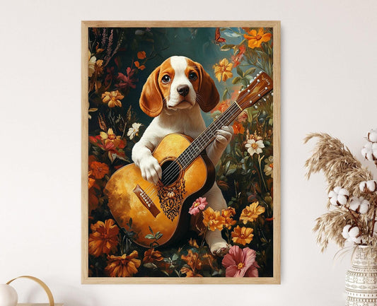 Affiche Beagle Jouant de la Guitare – Poster Animaux Amusants