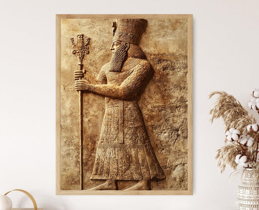 Affiche Roi Sargon – Impression artistique en robes cérémonielles et symboles anciens