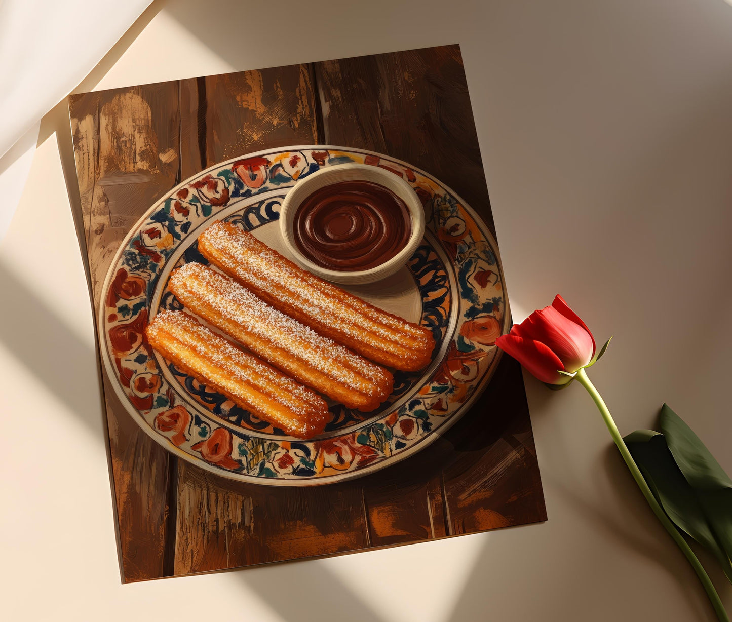 Affiche Churros Mexicains – Impression Art de Pâtisserie Sucrée avec Sauce Chocolat