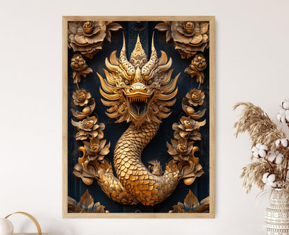 Affiche Temples Thaïlandais – Poster Art Naga Doré Culturel