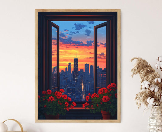 Affiche Chicago – Illustration Urbaine de Coucher de Soleil avec Géranium