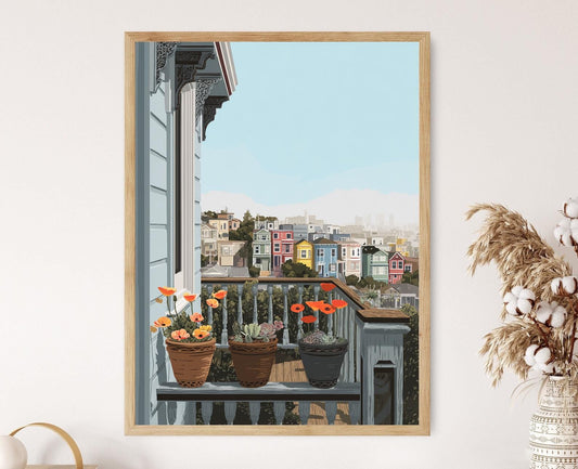 Affiche San Francisco – Illustration Florale Victorienne et Balcon californien
