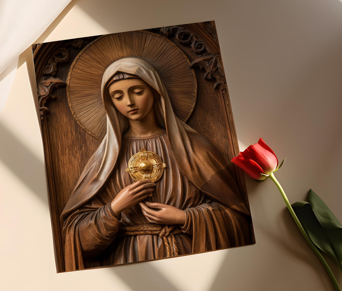 Affiche Sainte Claire d'Assise – Illustration en bois, art religieux