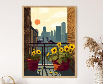 Affiche Scène de Terrasse à Chicago – Poster Illustré Skyline et Tournesols