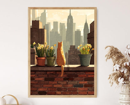 Affiche New York - Illustration urbaine avec chat et mur floral
