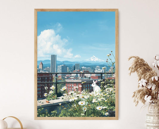 Affiche Scène de Lapin sur un Toit de Portland – Impression Art Wildflower