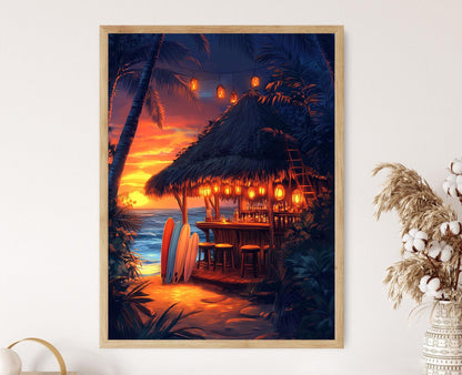Affiche Tiki Hawaïen – Poster Art de Sunset avec Lanternes et Surfboards