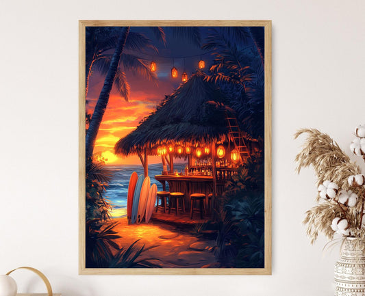 Affiche Tiki Hawaïen – Poster Art de Sunset avec Lanternes et Surfboards