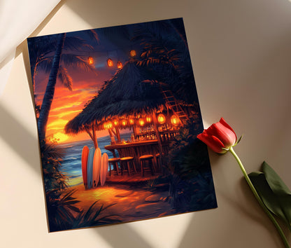 Affiche Tiki Hawaïen – Poster Art de Sunset avec Lanternes et Surfboards