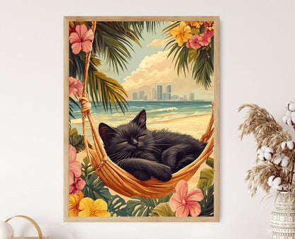 Affiche Miami Beach - Impression Art de Chat Tropical avec Vue Urbaine