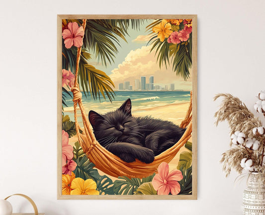 Affiche Miami Beach - Impression Art de Chat Tropical avec Vue Urbaine
