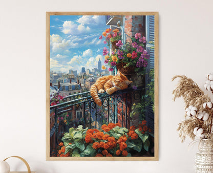Affiche Chat Dormeur à La Nouvelle-Orléans – Illustration de Balcon et Fleurs