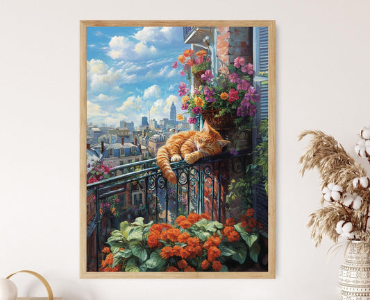 Affiche Chat Dormeur à La Nouvelle-Orléans – Illustration de Balcon et Fleurs