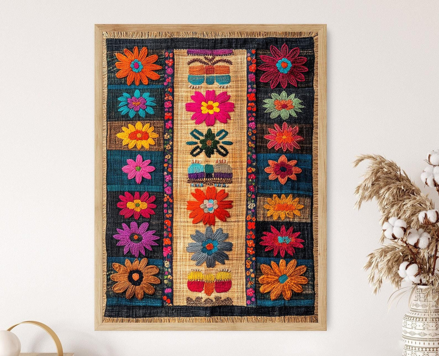 Jemenitisches Stickereiposter – Handbedrucktes Textilmotiv