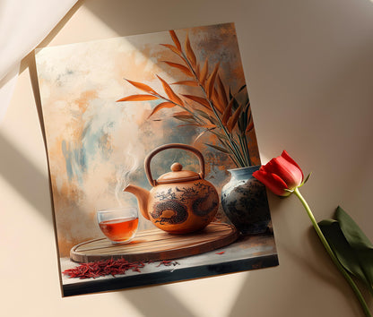 Affiche Thé Rouge – Impression d'Art, Théière en Argile et Plateau Bamboo