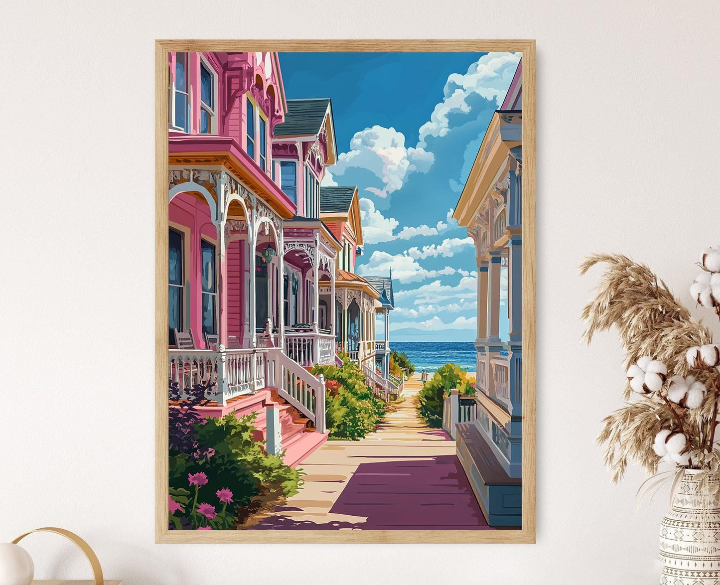 Affiche Maisons Victoriennes de Cape May – Illustration côtière colorée