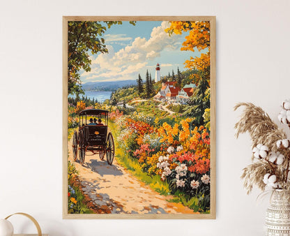 Affiche Mackinac Island – Illustration florale de balade en calèche