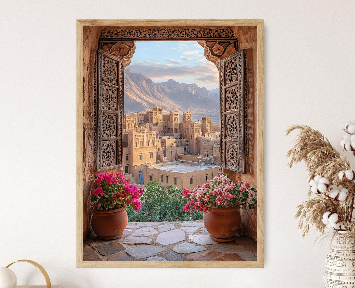 Affiche Shibam Yémen – Illustration de la vue du balcon au crépuscule