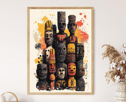 Affiche Statue Africaine – Illustration d’un Guerrier Tribal et Figure de Fertilité