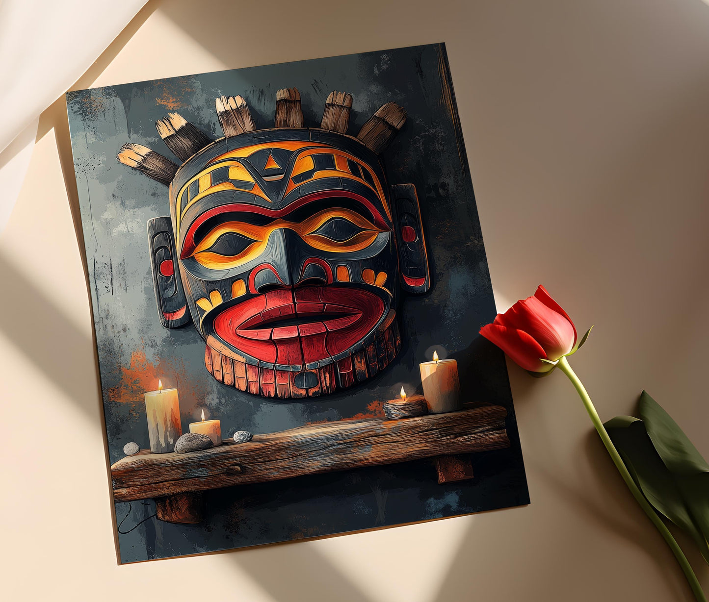 Affiche Masque Solaire Haida – Illustration en Bois Rayonnante