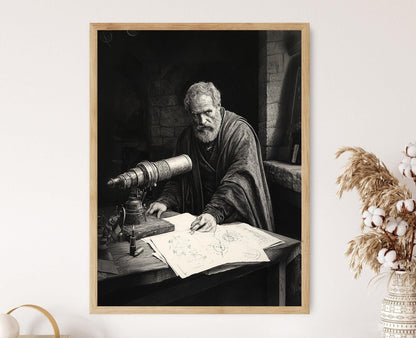 Affiche Astronomie – Poster Galilée avec télescope, dessin vintage élégant