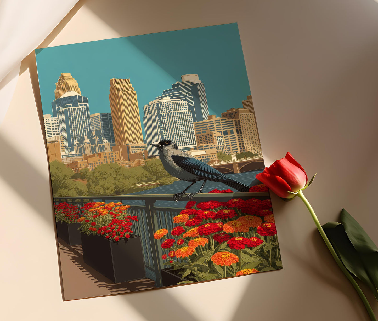 Affiche Scène de Minneapolise – Poster Illustration de Skyline et Jardin Zinnia
