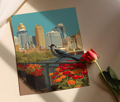 Affiche Scène de Minneapolise – Poster Illustration de Skyline et Jardin Zinnia