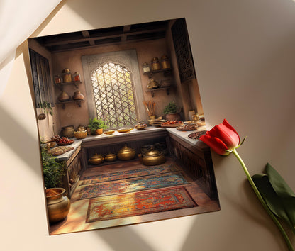 Affiche Cuisine Peshawar – Poster Décor de Pot en Laiton et Tapis Kilim