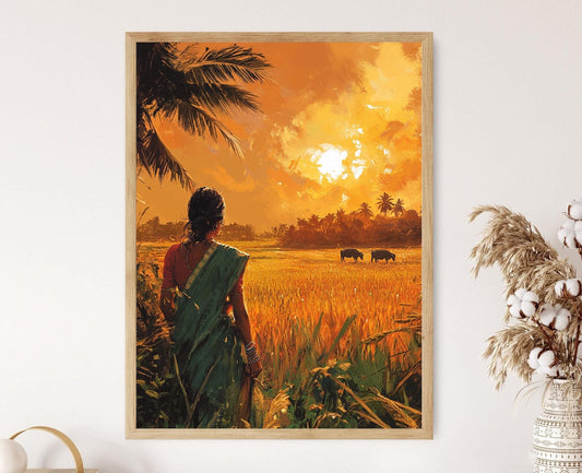 Affiche Femme Bangle dans un Champ de Riz – Poster Décor Rural