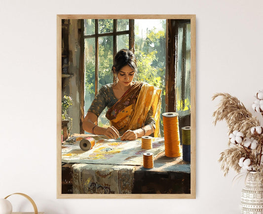 Affiche Femme Bengali en Atelier – Poster Décor Éléments de Broderie