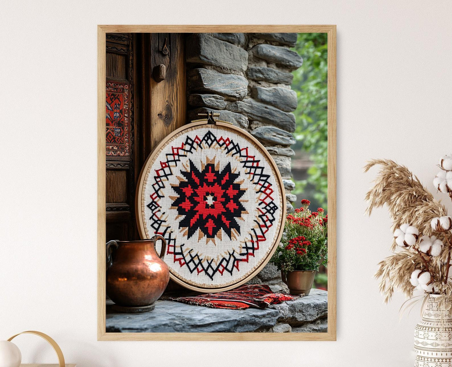 Affiche Broderie Albanaise – Poster Art Traditionnelle en Cerceau Bois