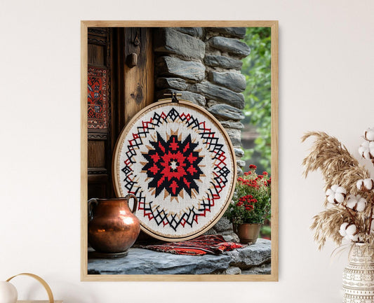 Affiche Broderie Albanaise – Poster Art Traditionnelle en Cerceau Bois