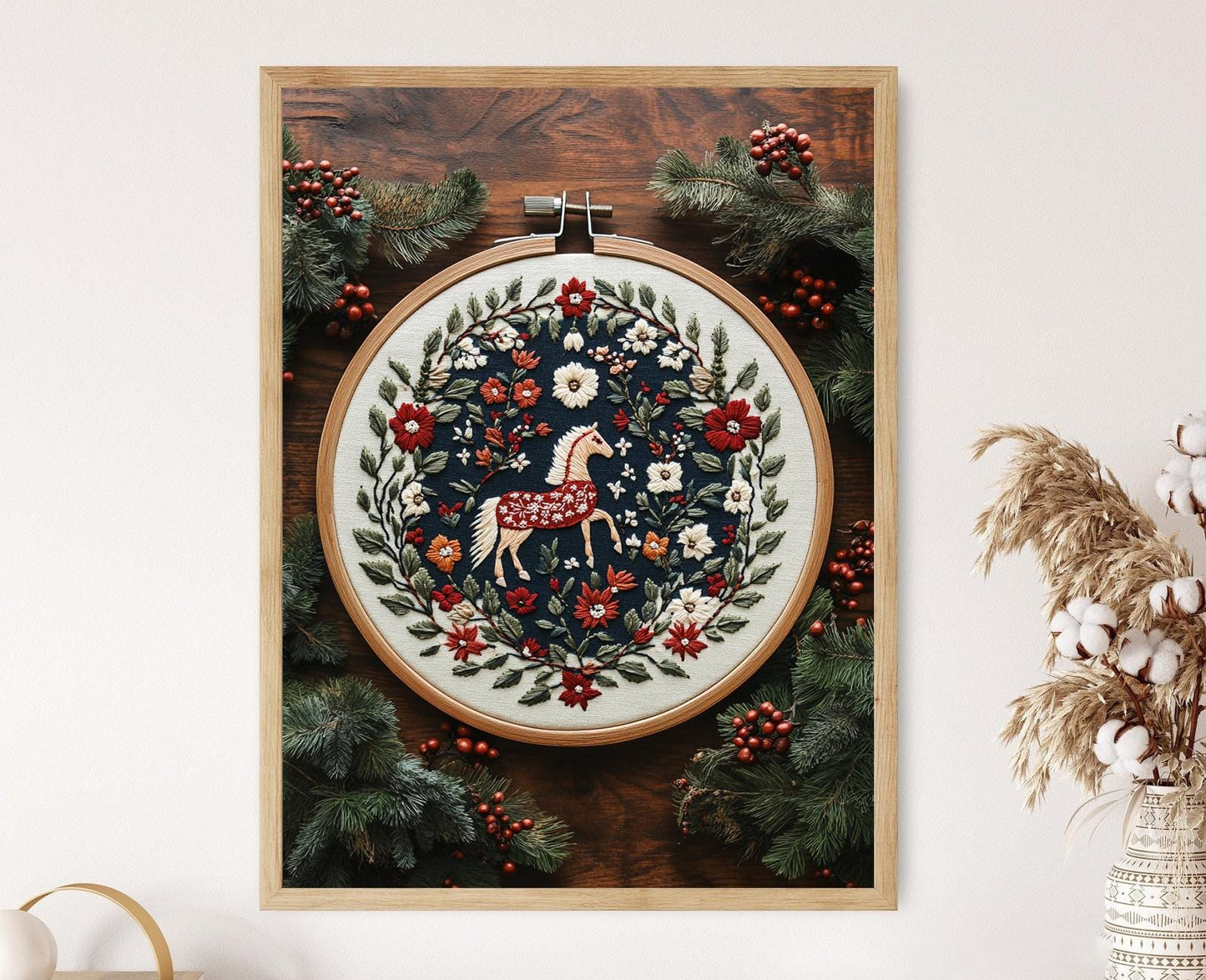 Affiche Cheval Dala Suédois – Poster Art Brodé en Cerceau Bois