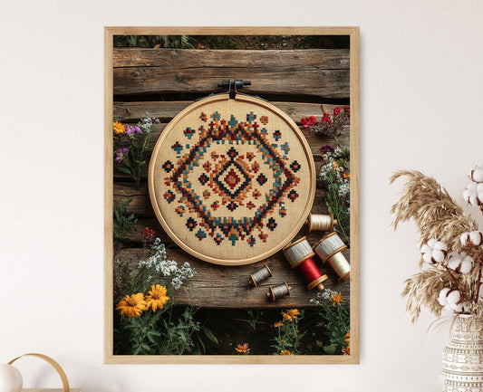 Affiche Broderie Bulgare – Poster en Cerceau en Bois Traditionnel