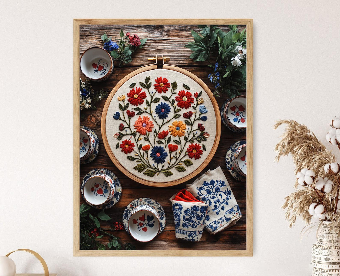 Affiche Broderie Tchèque – Poster Floral dans un Cercle en Bois