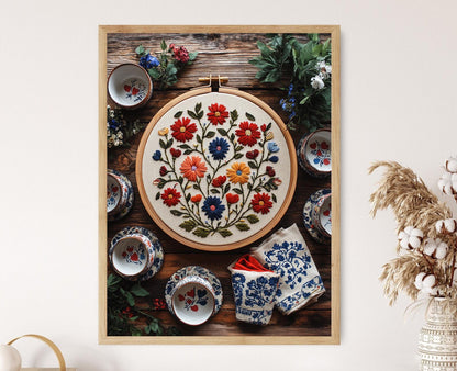 Affiche Broderie Tchèque – Poster Floral dans un Cercle en Bois