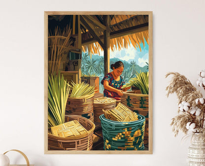 Affiche Art du Tissage de Panier – Poster Artisanat Rattan et Pandan