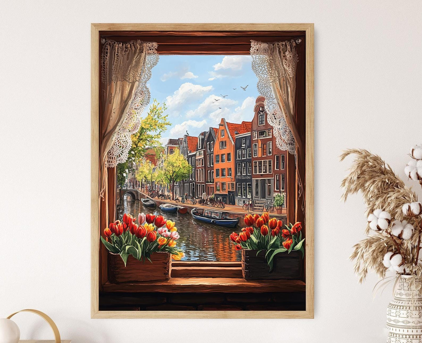 Affiche Amsterdam – Poster Vue de canal avec fenêtre rustique
