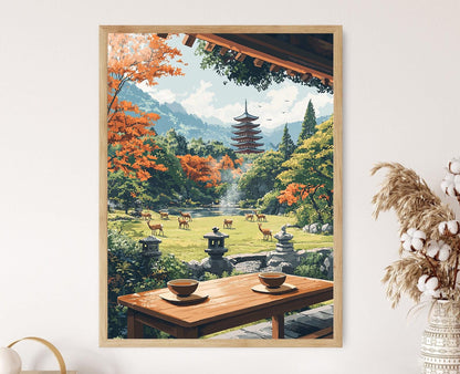 Affiche Nara Terrace avec Cerfs – Poster Décor de Parc Japonais