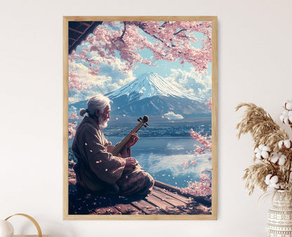 Affiche Art Biwa : Paysage de Mont Fuji et Cerisiers en Fleurs
